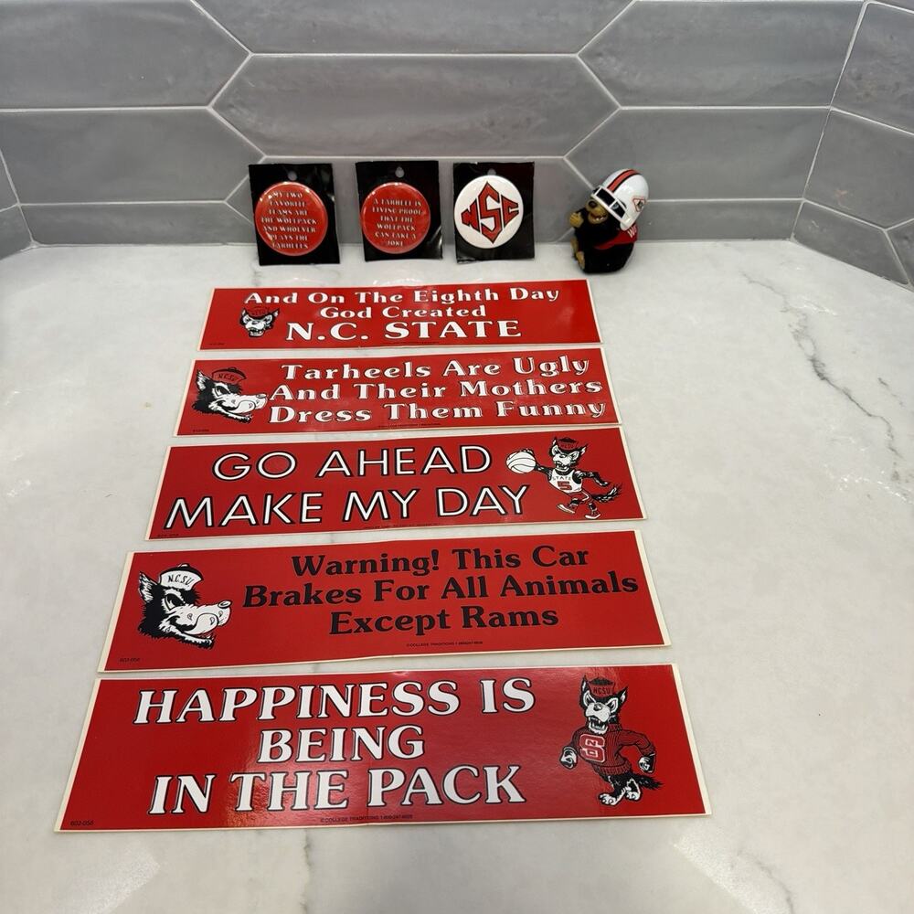 Vintage NC State Wolfpack Fan Lot Bumper Stickers Buttons Clip On Wolf Mascot